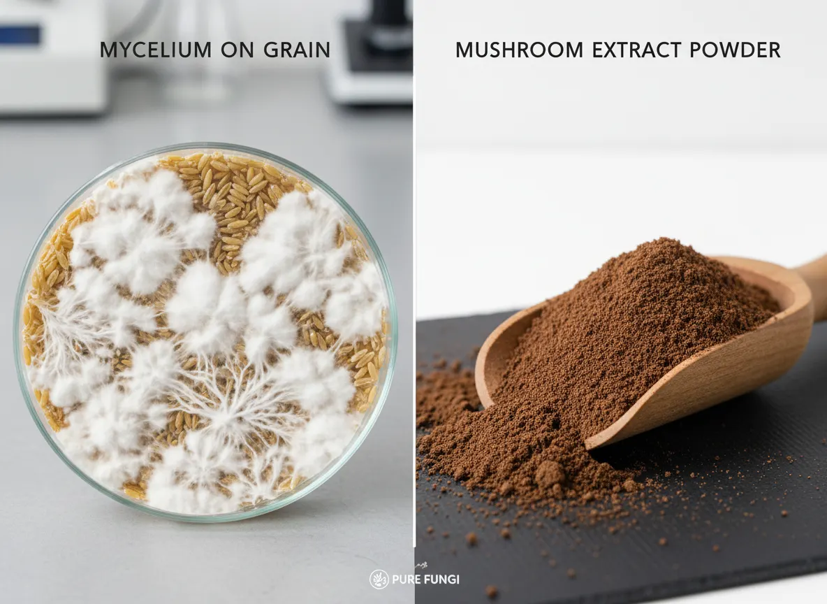 Split-screen comparison: left side mycelium on grain substrate (white, fluffy texture), right side concentrated brown mush...