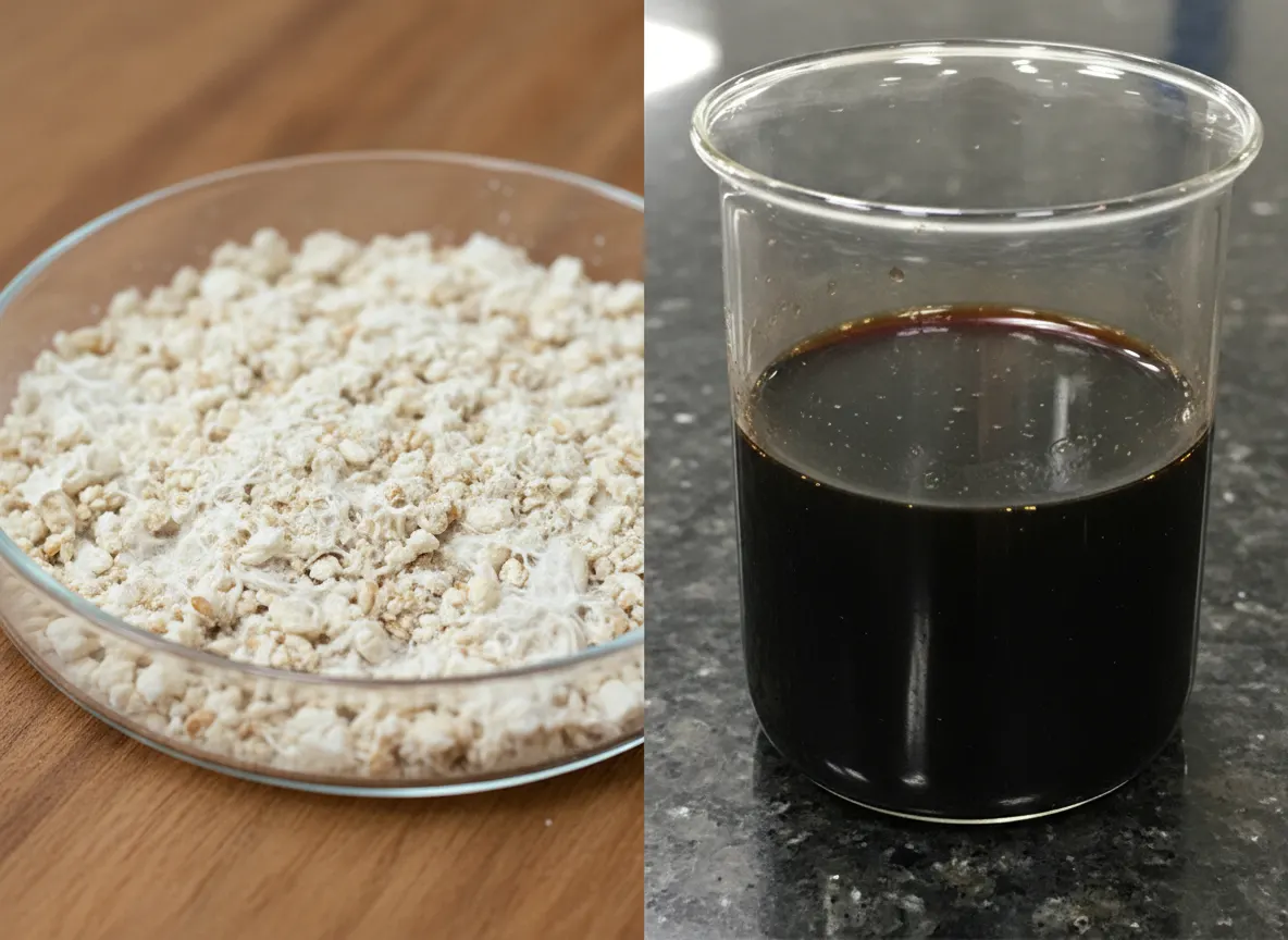 Split-screen comparison: left side shows mycelium grain filler (pale, powdery), right side shows concentrated fruiting bod...