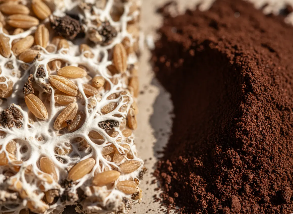 Close-up of grain filler and mycelium debris next to pure mushroom extract powder, showing contrast in purity and color, m...