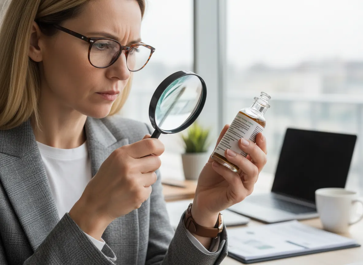 Skeptical busy professional examining product label and ingredients with magnifying glass, bright natural light, reading g...