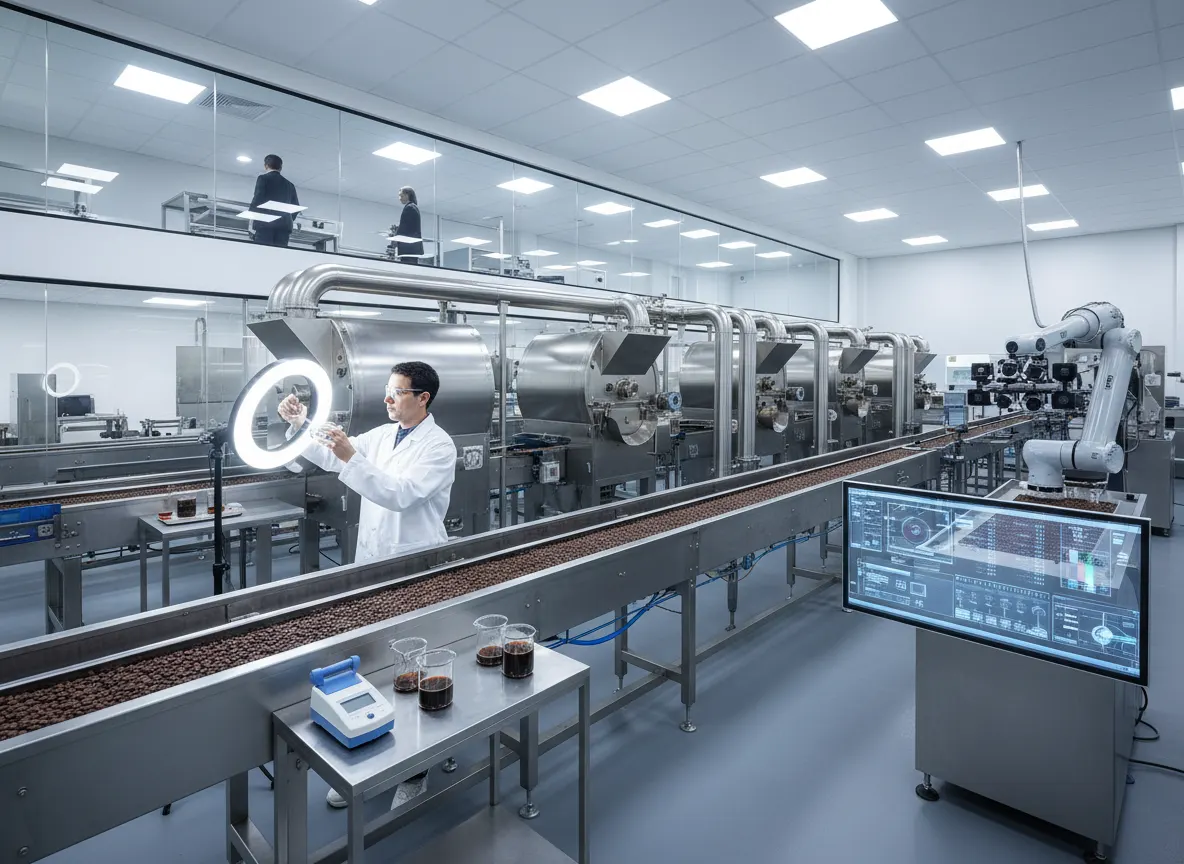 Modern coffee facility or production line with control processes—stainless steel equipment, testing apparatus, professiona...