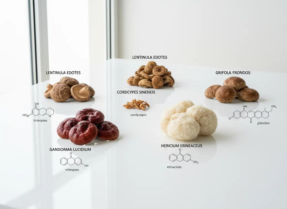 Five mushrooms displayed on white surface with scientific labels and formulation diagrams, clinical product photography, b...
