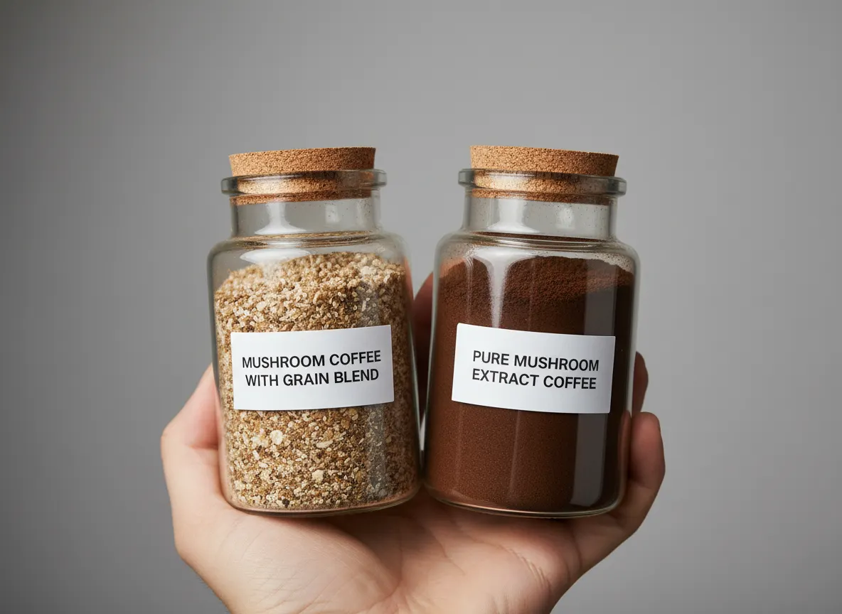 Hand holding two contrasting mushroom coffee products side-by-side, one clearly showing grain filler, one showing pure ext...