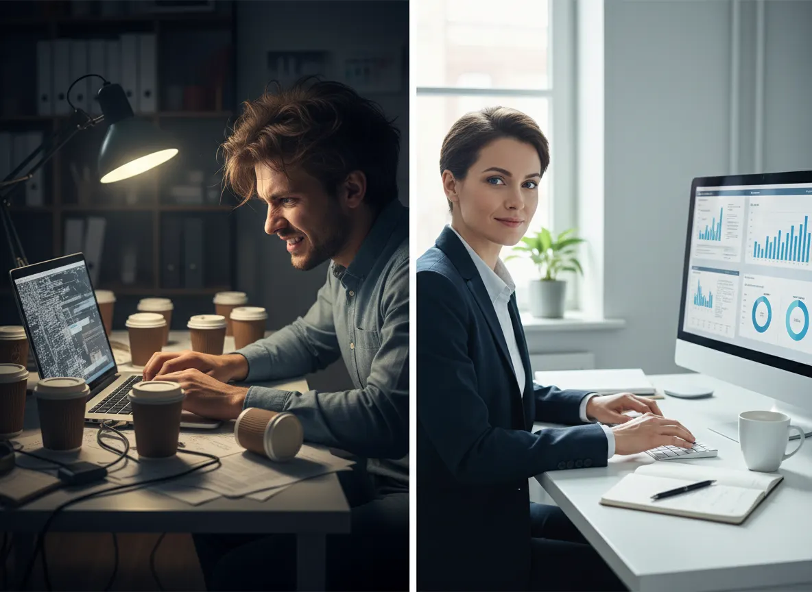 Split-screen comparison: left side shows jittery, stressed person with empty coffee cups; right side shows calm, focused p...