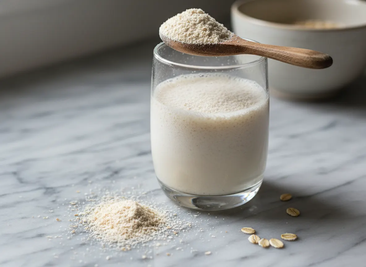 Close-up of fiber supplement powder in glass, wooden spoon, scattered oat fibers on marble surface, , macro food photograp...