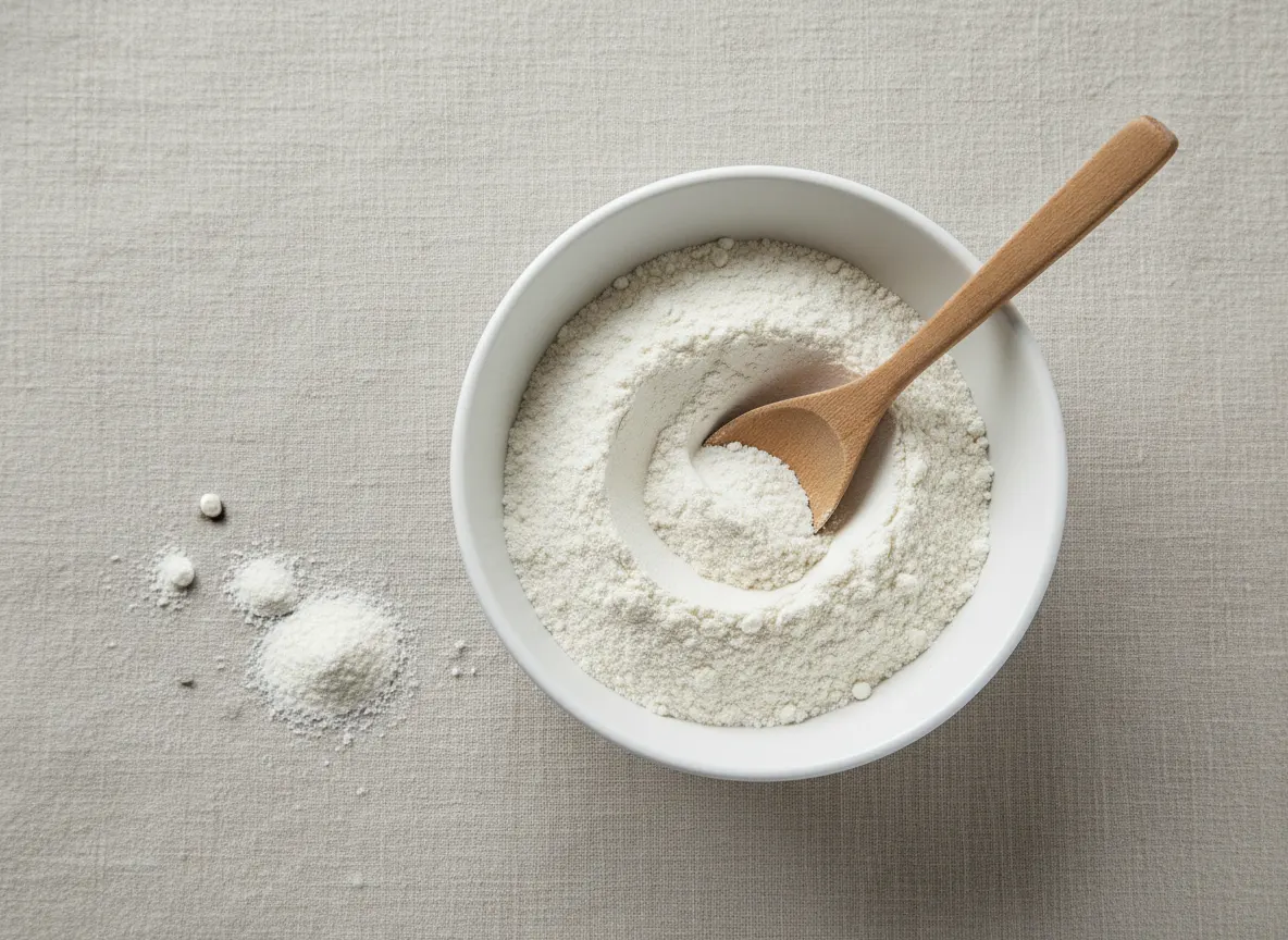 Minimalist flat lay of wellness supplement powder in white ceramic bowl with wooden spoon, soft neutral background, clean ...