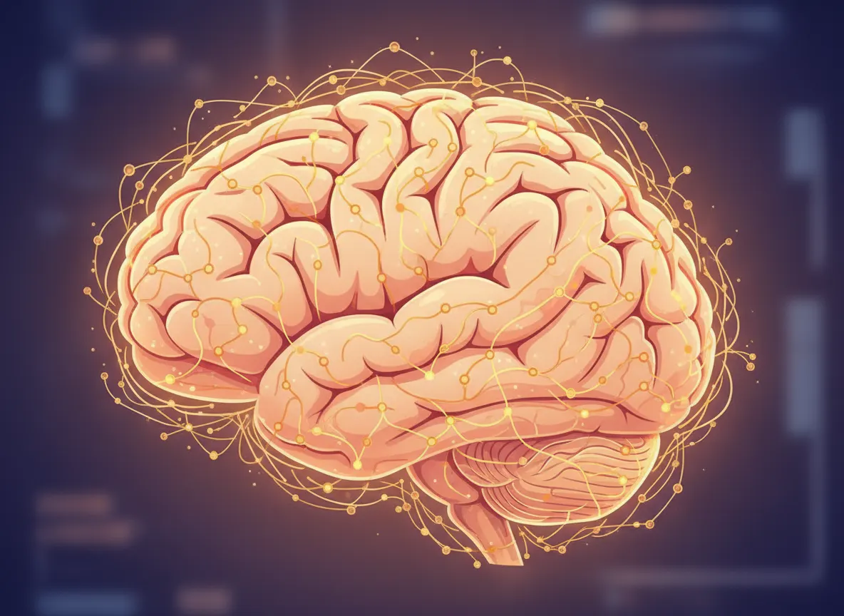Close-up of human brain illustration or medical diagram showing neural pathways and synapses, warm scientific lighting, ed...