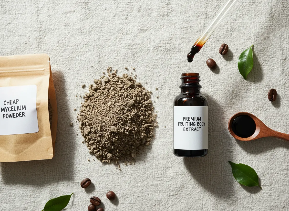 Flat lay comparison of two coffee products side-by-side: cheap mycelium powder (murky, grain-like) versus premium fruiting...