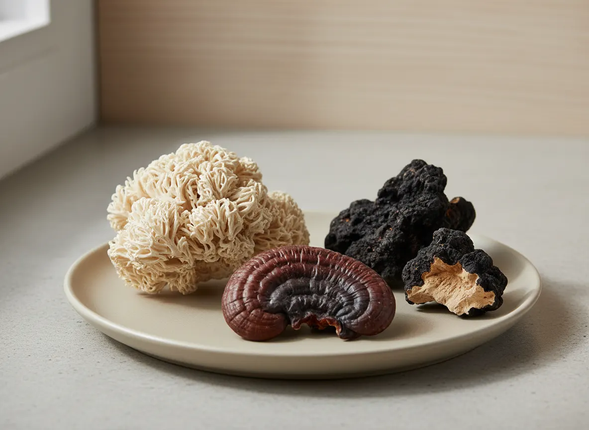 Three different dried medicinal mushrooms (Lion's Mane white, Reishi dark, Chaga black) arranged artfully on neutral surfa...