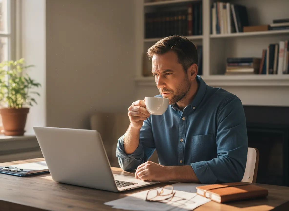 Father at desk working on laptop with coffee cup, focused and alert expression, morning sunlight through window, home offi...