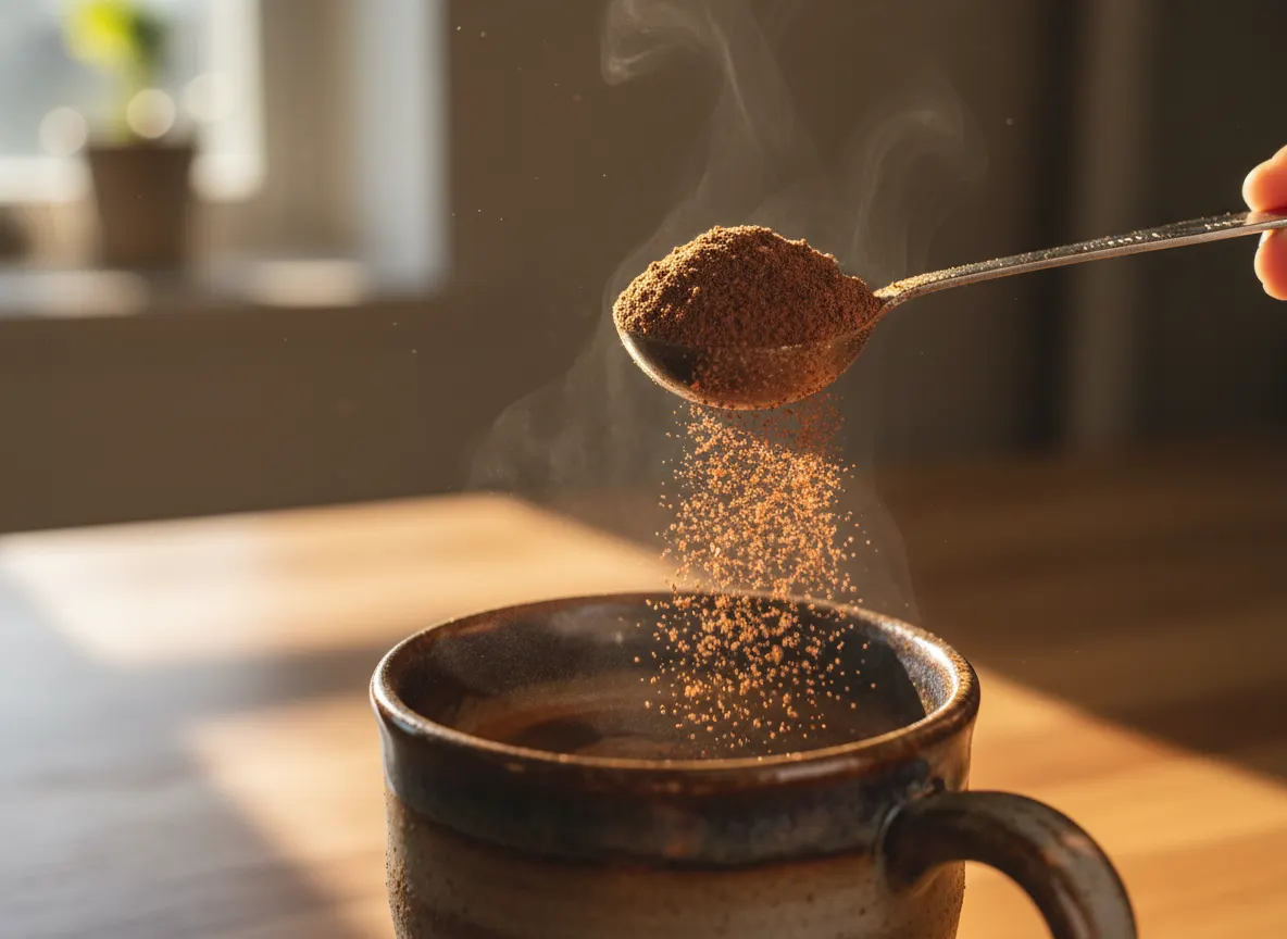 Macro close-up of mushroom extract powder being measured into coffee cup, natural warm lighting, showing depth and richnes...