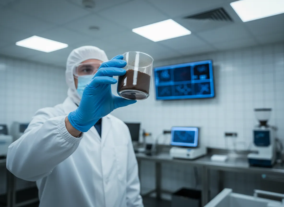 Supplement manufacturing lab— control technician examining coffee powder in glass container under bright clinical light, s...