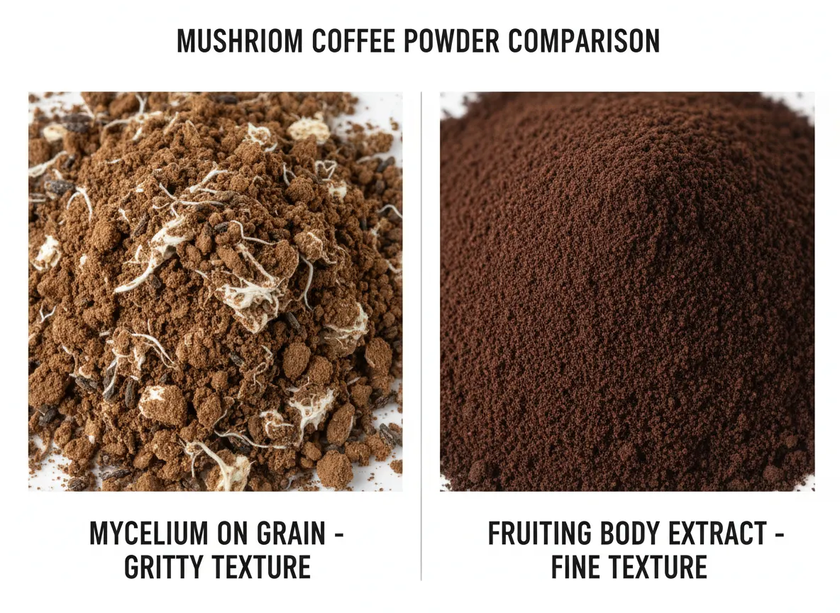 Split-screen comparison: left side shows grainy, gritty mushroom coffee powder (mycelium on grain), right side shows smoot...