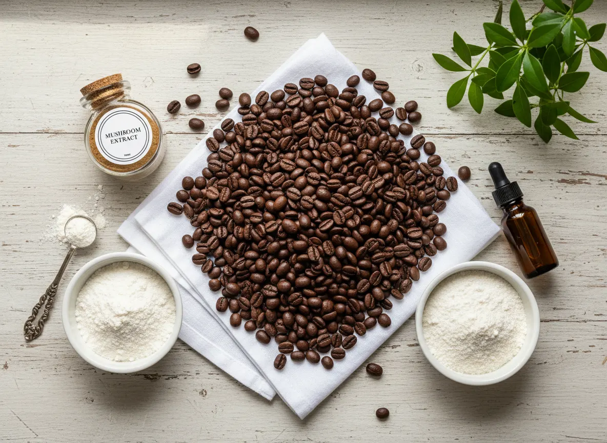 Overhead flat-lay of Wonder Coffee ingredients arranged on light wood surface: organic coffee beans, mushroom extract, L-t...