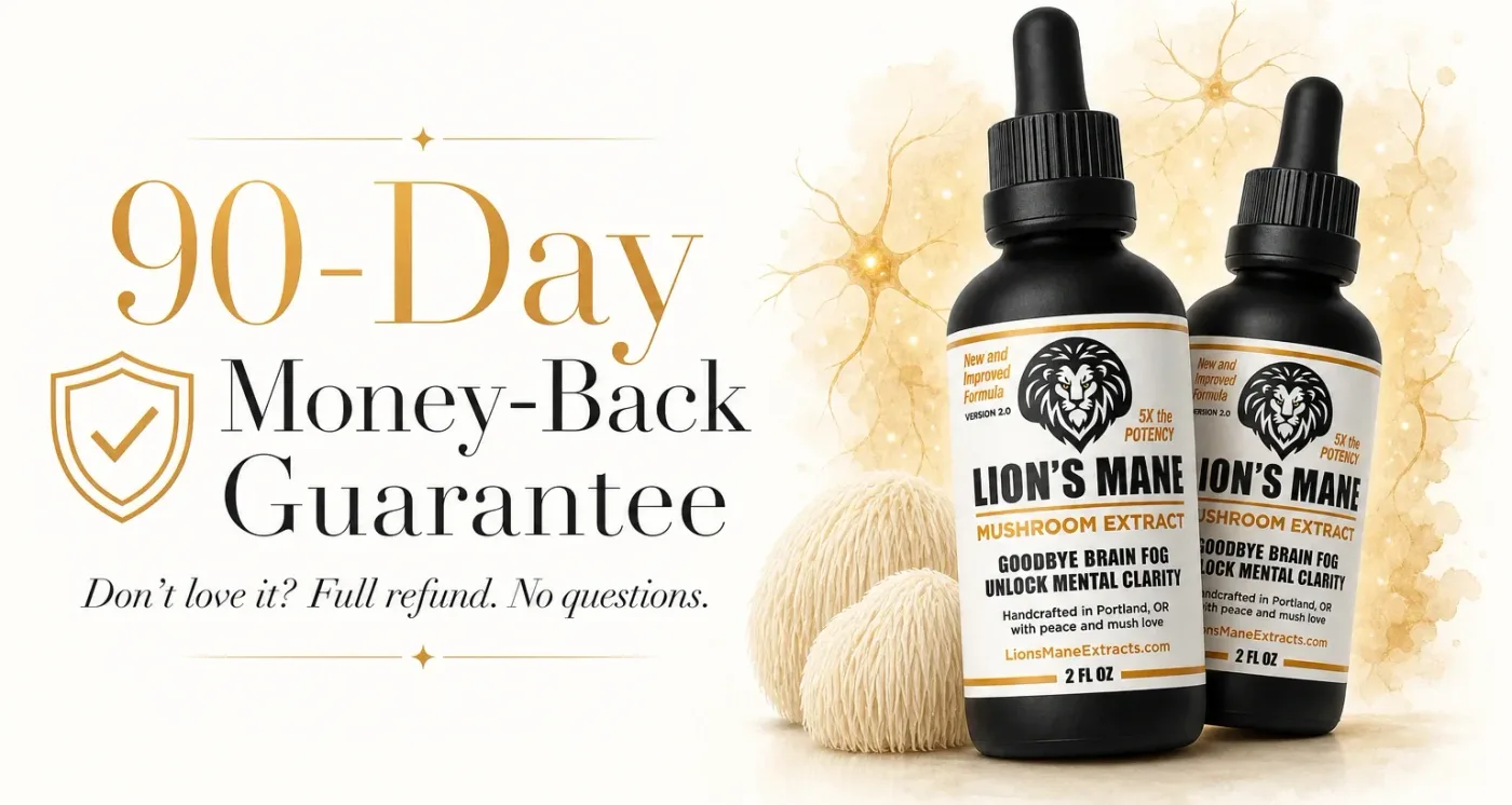 A frosted amber glass dropper bottle of lion's mane liquid extract standing upright center-frame on a clean marble bathroo...