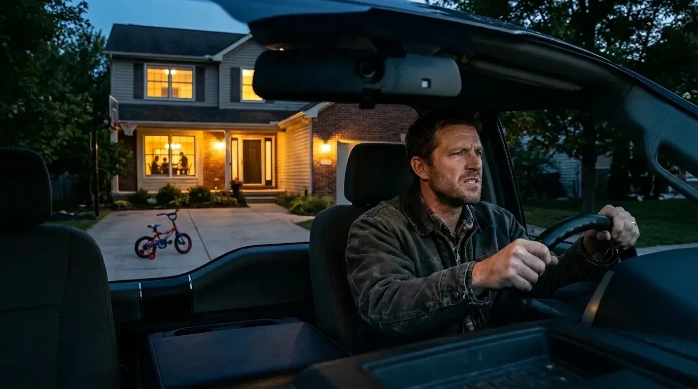 A man in his late 30s sits in the driver's seat of a modern truck in a residential driveway at dusk, engine off, hands sti...
