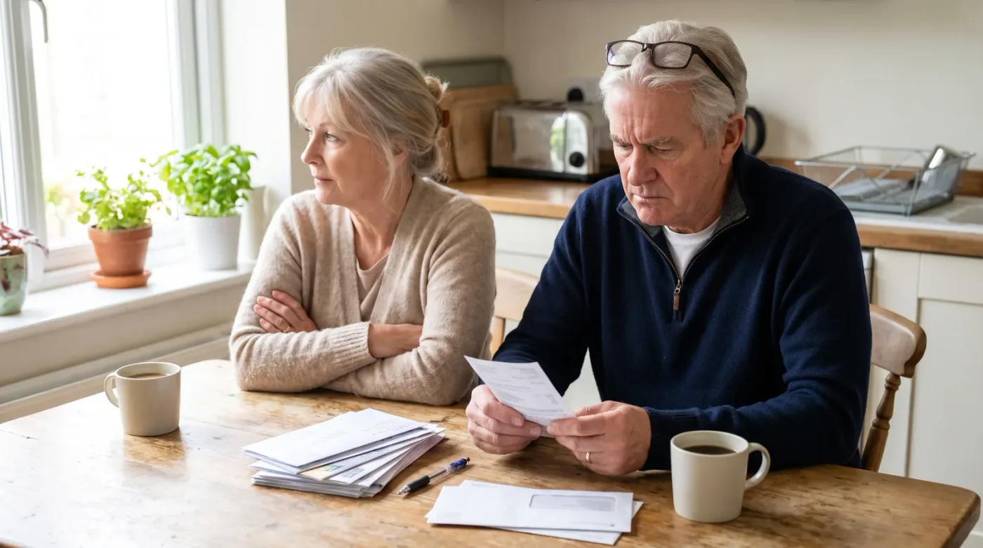 An older adult seated at a kitchen table in late afternoon light, holding a timeshare maintenance fee bill.