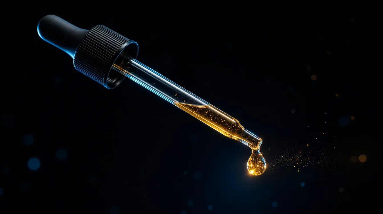 Extreme close-up of a clear liquid droplet suspended on the tip of a glass dropper, backlit by warm natural light, sharp f...