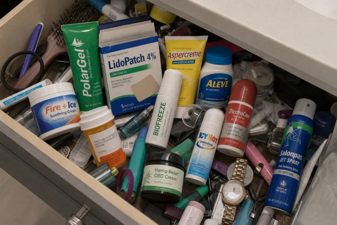 Left panel: a hand reaching into a cluttered nightstand drawer filled with tubes and jars of menthol rubs, harsh overhead ...