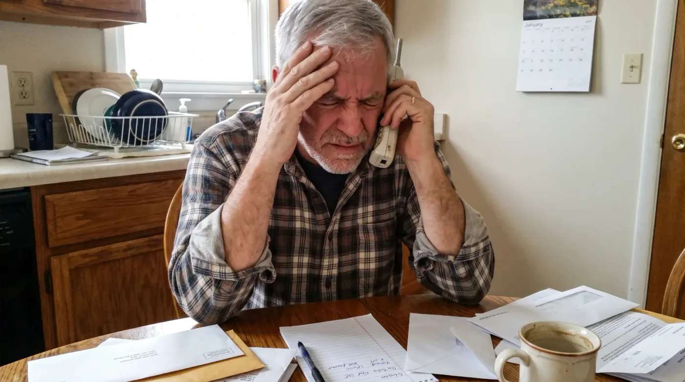 A couple in their late 50s at a dining table, timeshare paperwork and bills spread out in front of them.