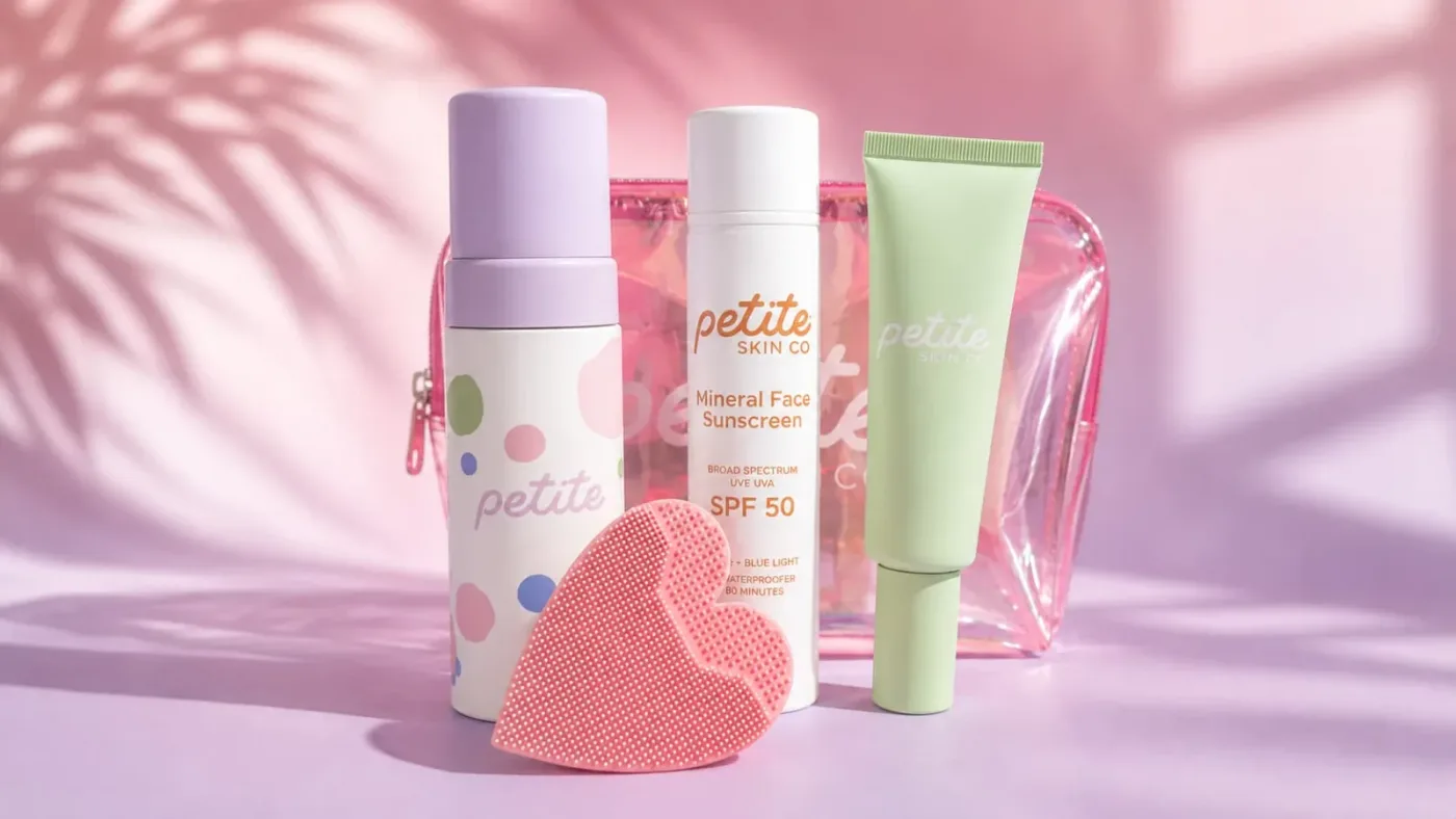 A frosted glass jar of gentle cleanser on a clean white bathroom counter beside a small potted succulent and a child's too...