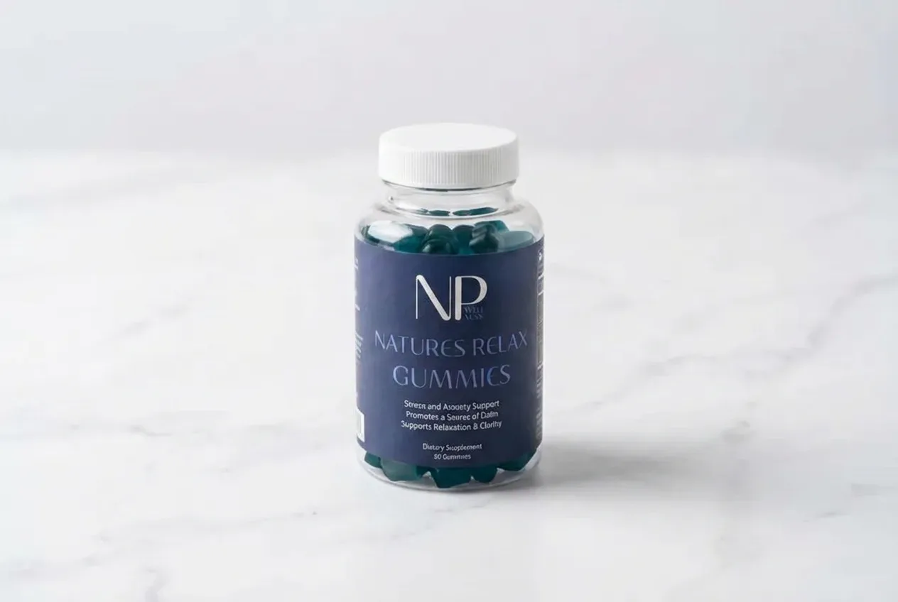 A jar of Natures Relax Gummies on a bright white kitchen counter, label facing camera, front panel clearly showing individ...