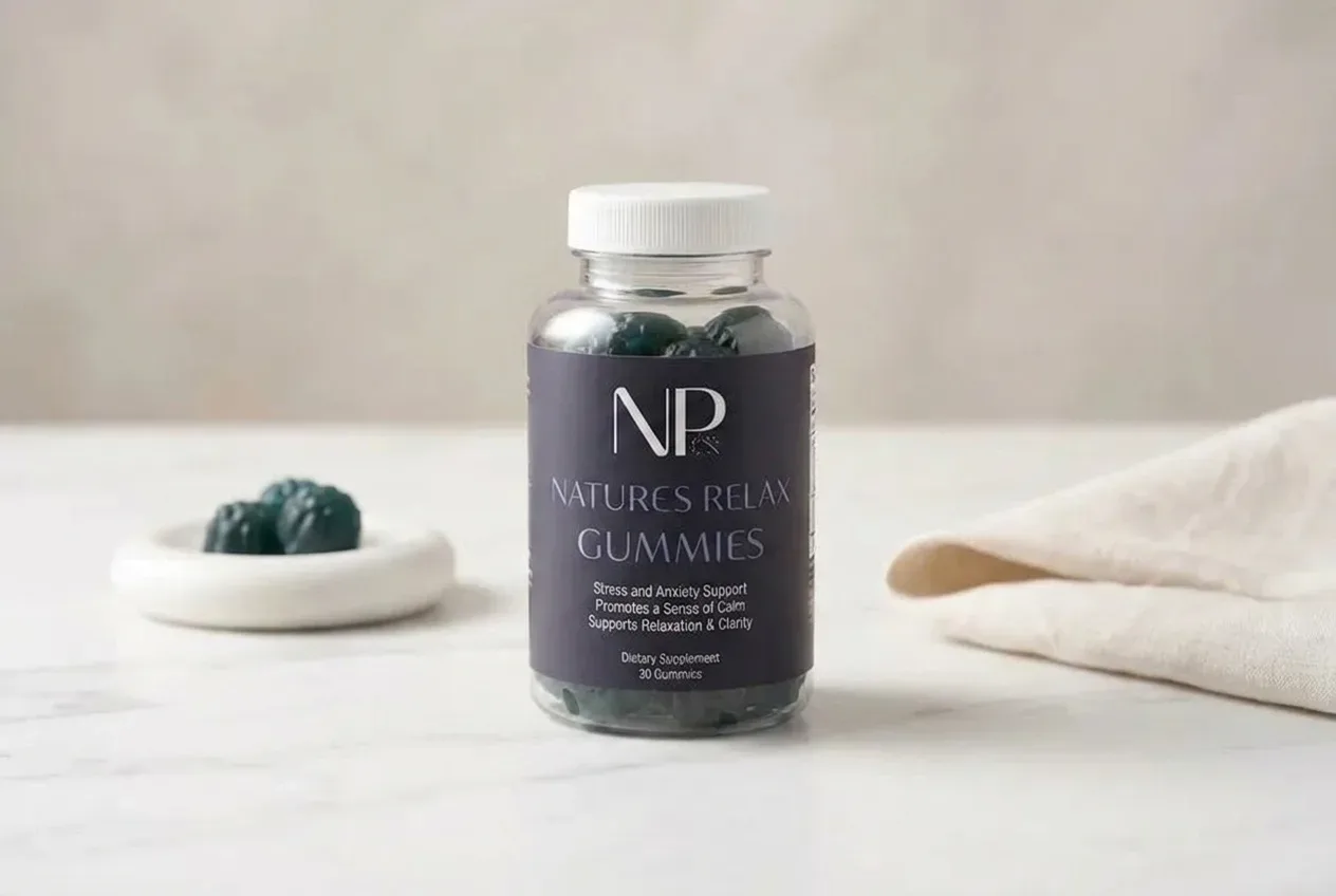 A frosted white jar of supplement gummies sits upright on a clean workbench surface in a bright garage workspace, mid-morn...