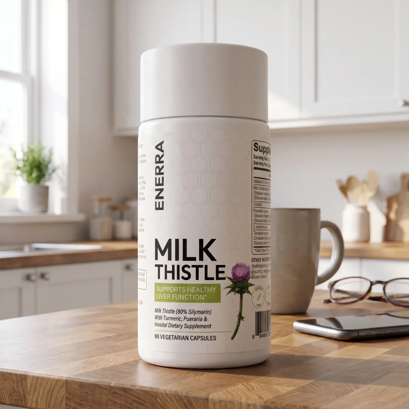 Enerra Milk Thistle bottle, standardized to 80% silymarin, front label