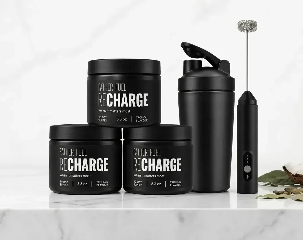 A single matte canister of energy supplement powder sits centered and upright on a clean countertop, occupying roughly 60%...