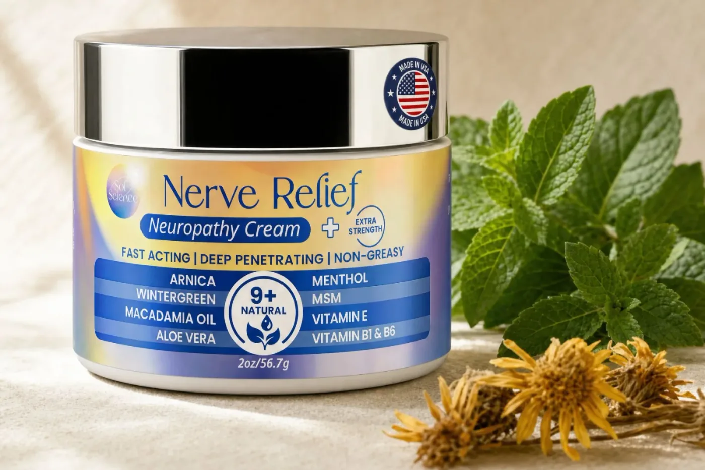 A clean white jar of nerve pain relief cream on a bathroom counter next to reading glasses and a water glass, soft natural...