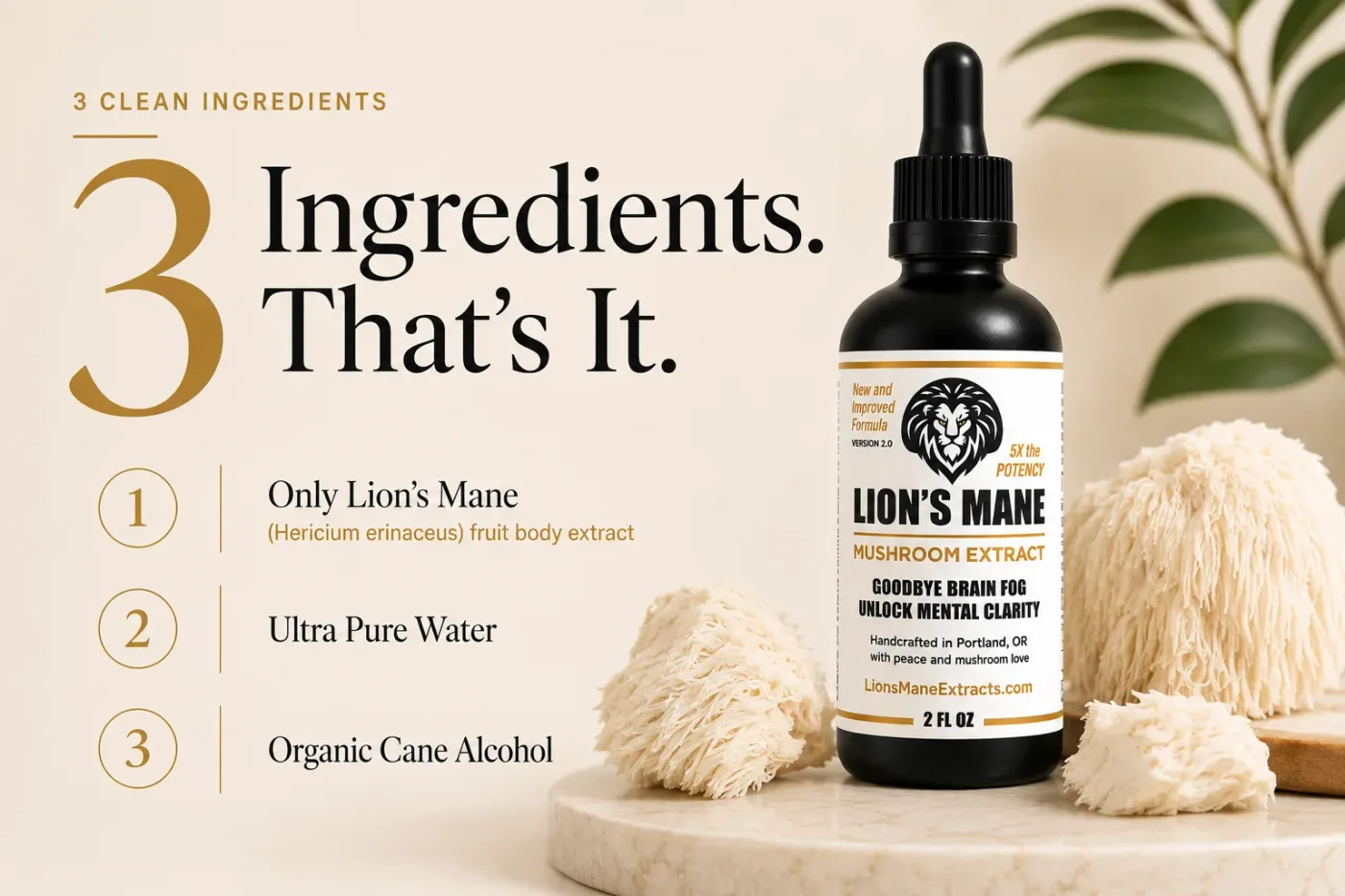 A frosted amber glass dropper bottle of lion's mane liquid extract standing upright on a smooth light oak surface, positio...